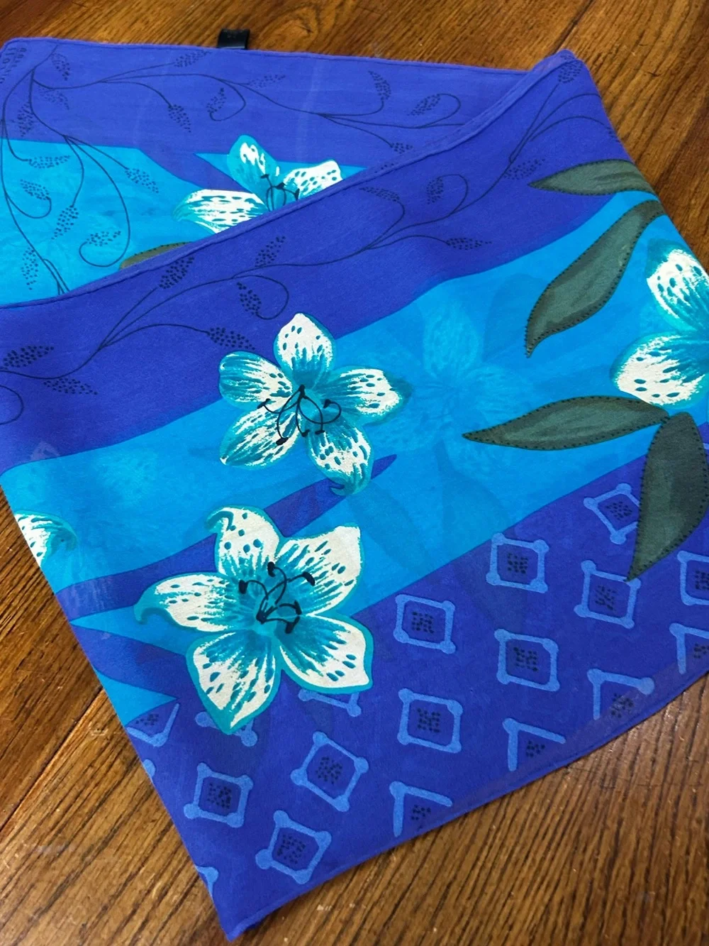 Vintage Silk Floral Oblong Scarf Blue Purple Tropical Flower Sheer